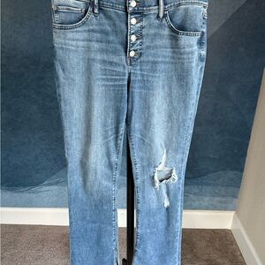 Express Skyscraper Distressed Blue Jeans with Button Fly & Split Ankle Hem, 12R